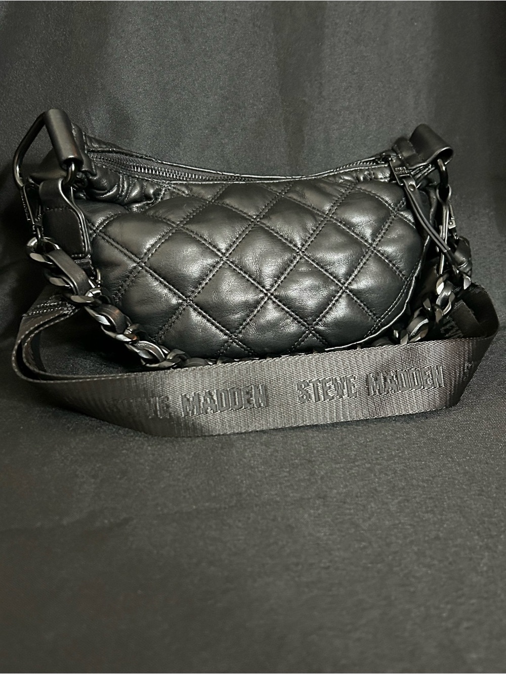 Steve Madden Black Quilted Chain-Accent Crossbody Shoulder Bag Purse